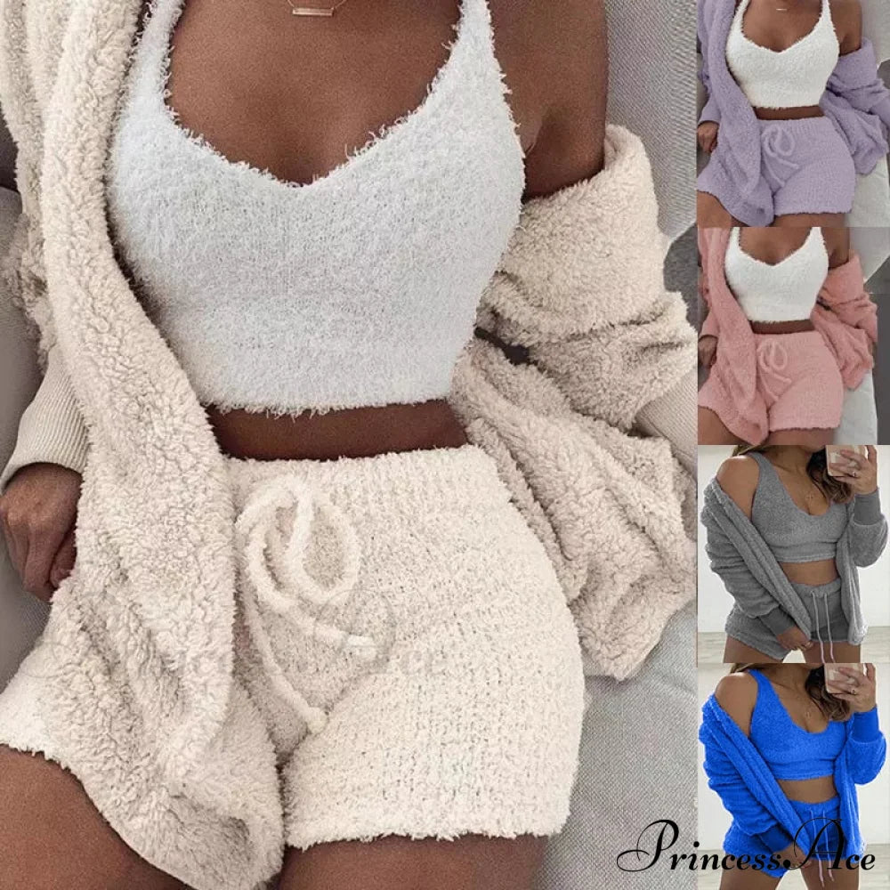 Women Sports Sets Coat + Shorts + Crop Casual Sexy Plush Hooded Top Tracksuit Velvet Outfits