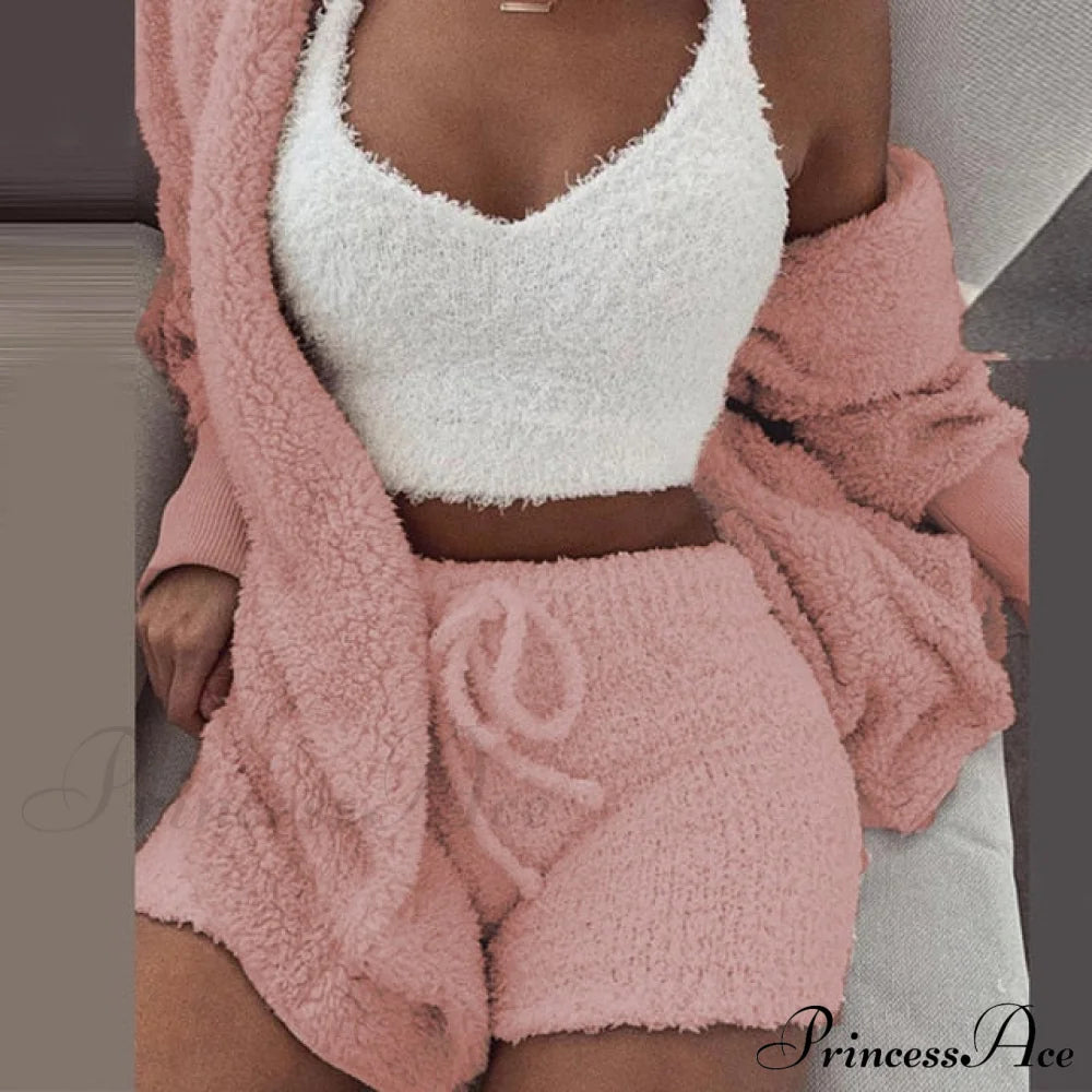 Women Sports Sets Coat + Shorts + Crop Casual Sexy Plush Hooded Top Tracksuit Velvet Outfits