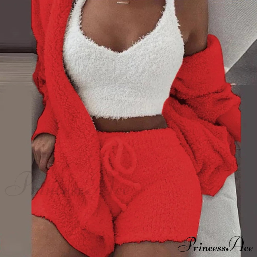 Women Sports Sets Coat + Shorts + Crop Casual Sexy Plush Hooded Top Tracksuit Velvet Outfits