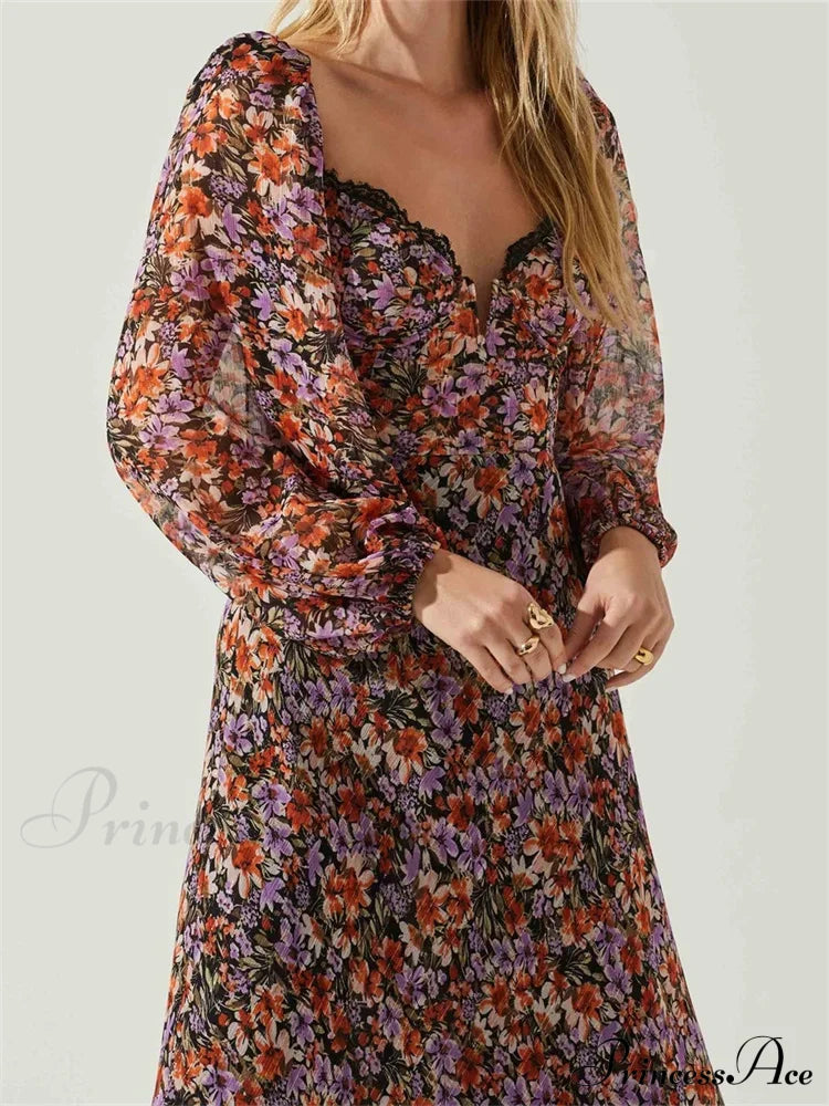 Women Spring Fall Vintage Floral Print V-Neck Puff Sleeve Fashion Backless Holiday Vestido