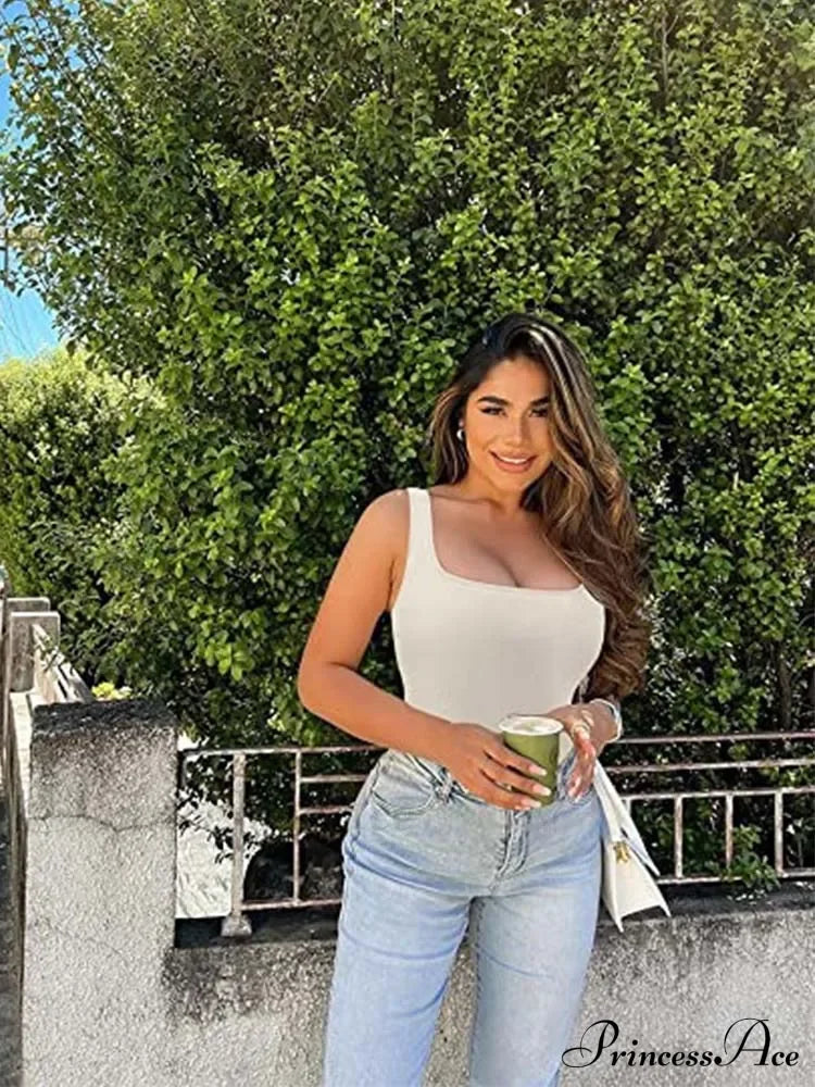 Women Square Neck Ribbed Camisole Summer Basic Elastic Sleeveless Crops Tank Top