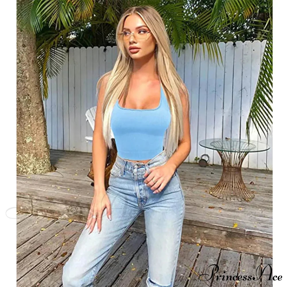 Women Square Neck Ribbed Camisole Summer Basic Elastic Sleeveless Crops Tank Top Sky Blue / S