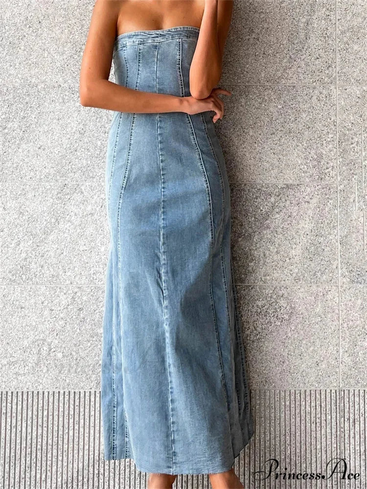 Women Tube Strapless Backless Denim Back Zip Up Summer Side Split Club Party Female Vestidos