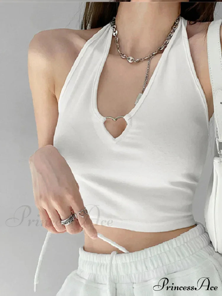 Women V Neck Hollow Out Halter Camis 2024 Summer Fashion Slim Cropped Lace Up Camisole Tank Top