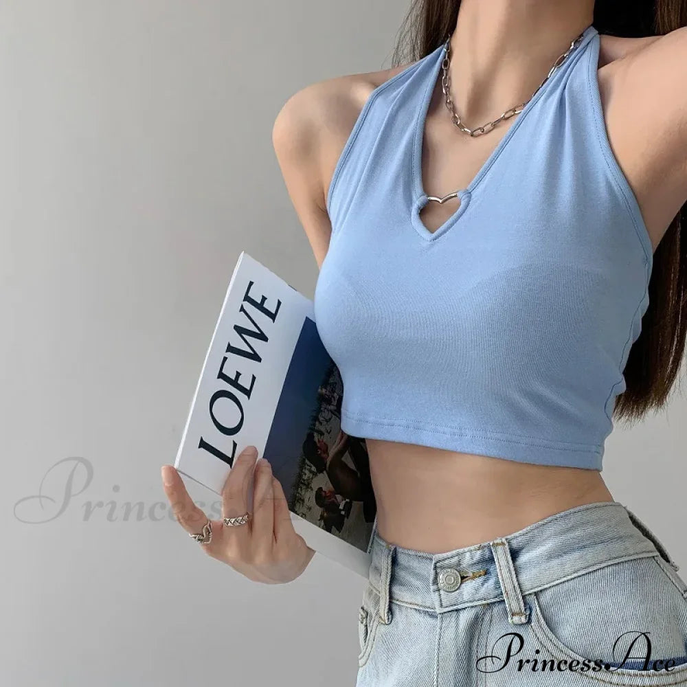 Women V Neck Hollow Out Halter Camis 2024 Summer Fashion Slim Cropped Lace Up Camisole Tank Top Sky
