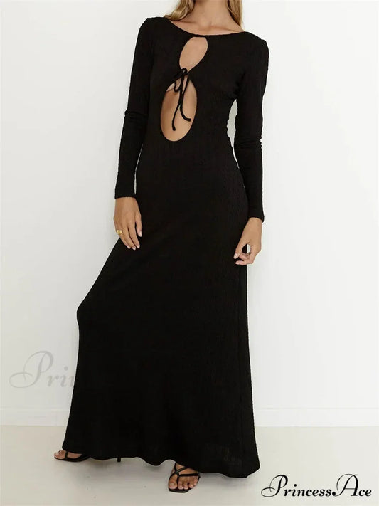 Women Vintage Elegant Sleeve Front Cutout Tie-Up Solid Color Party Autumn Vestidos