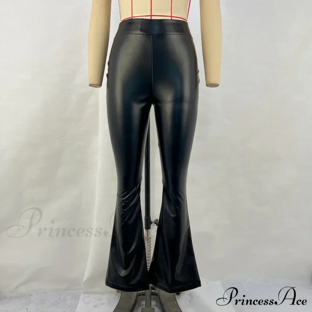 Women Winter High-Waist Sensual Pu Leather Shiny Bell Bottoms Style Pants Black / S
