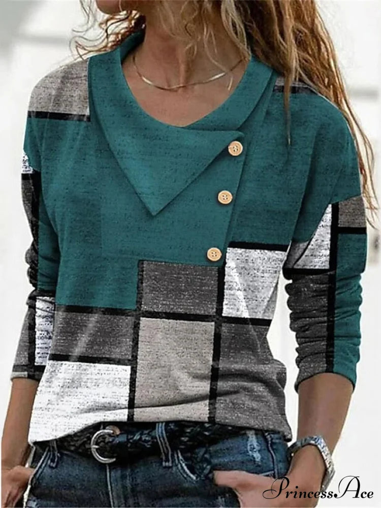 Women’s Blue Button Long Neck Pile Design Basic Abstract Navy Tee Shirt Red Arm Geometric V