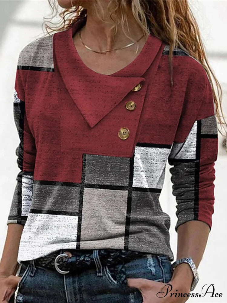 Women’s Blue Button Long Neck Pile Design Basic Abstract Navy Tee Shirt Red Arm Geometric V