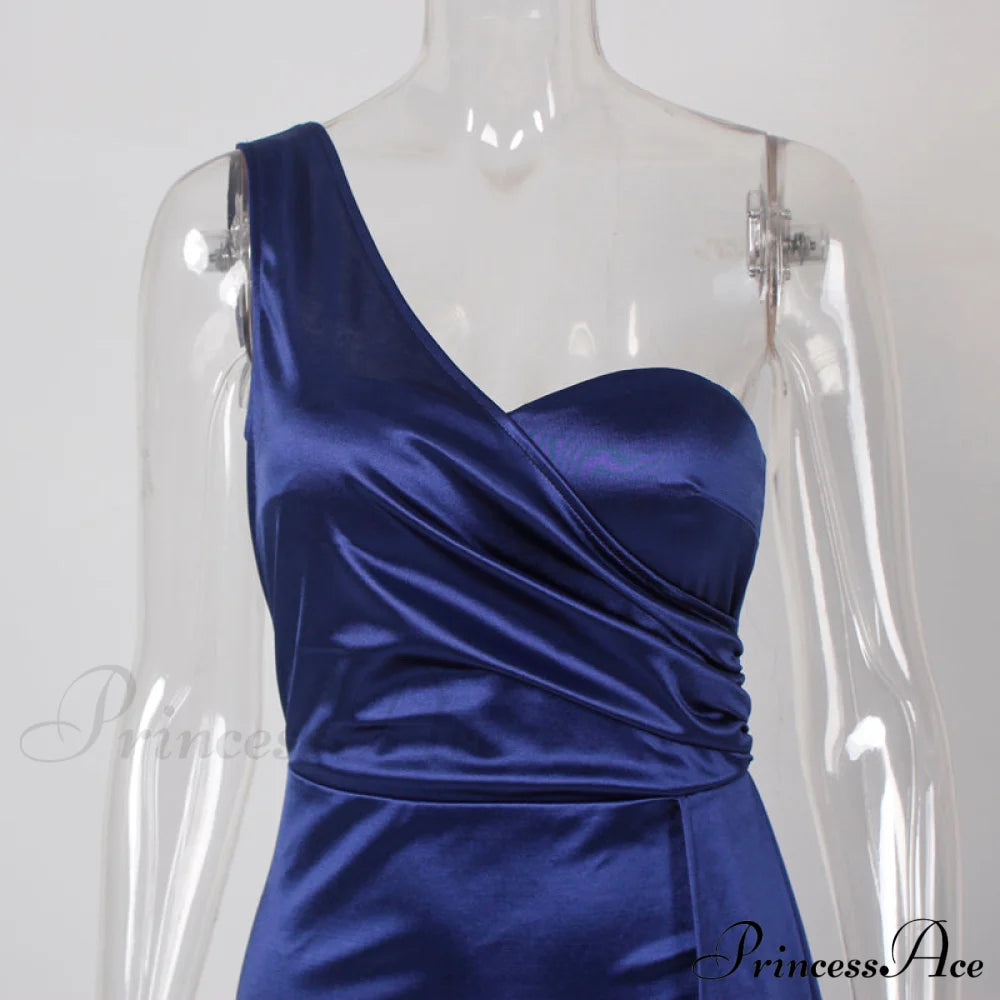Women’s Blue Evening Green Gown Full-Length Party Royal With Sexy Satin Long Ribbon Draped Dress