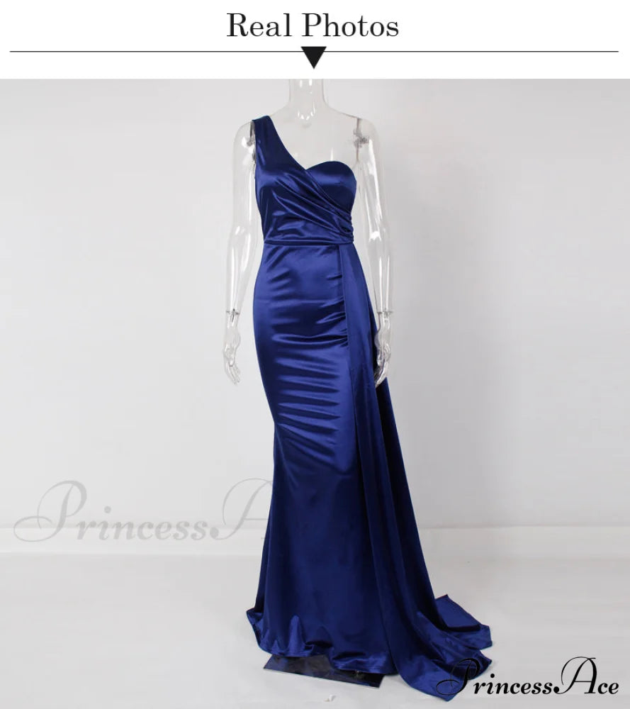 Women’s Blue Evening Green Gown Full-Length Party Royal With Sexy Satin Long Ribbon Draped Dress