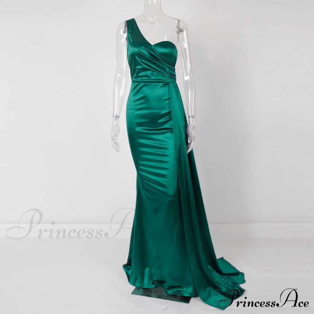 Women’s Blue Evening Green Gown Full-Length Party Royal With Sexy Satin Long Ribbon Draped Dress