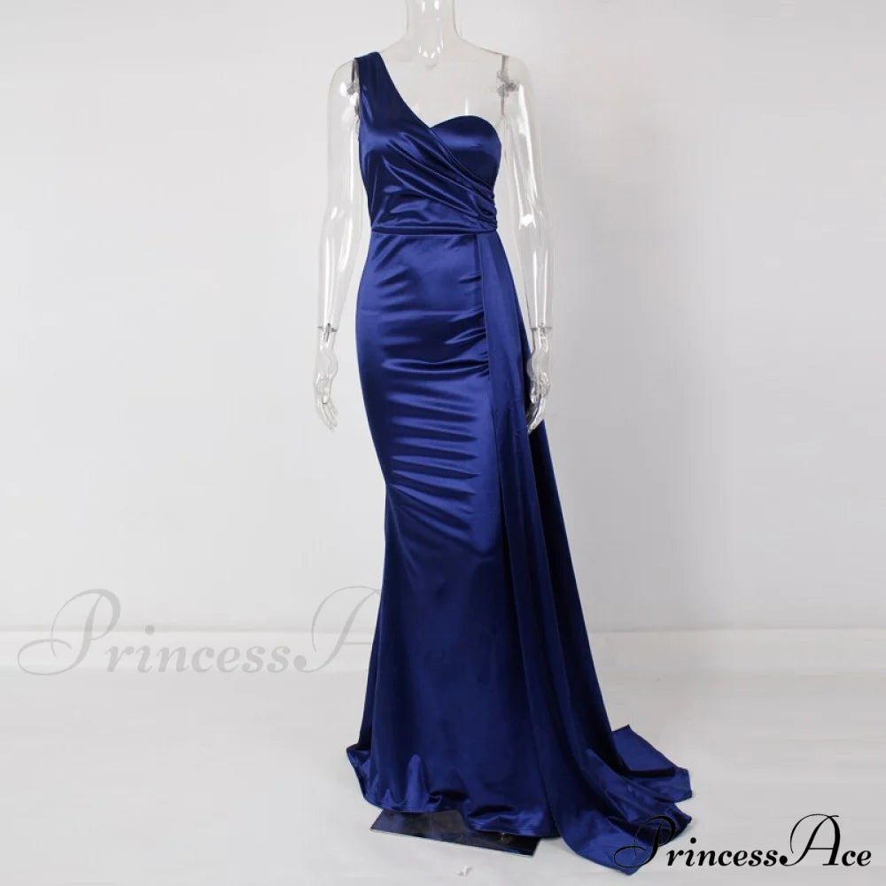 Women’s Blue Evening Green Gown Full-Length Party Royal With Sexy Satin Long Ribbon Draped Dress