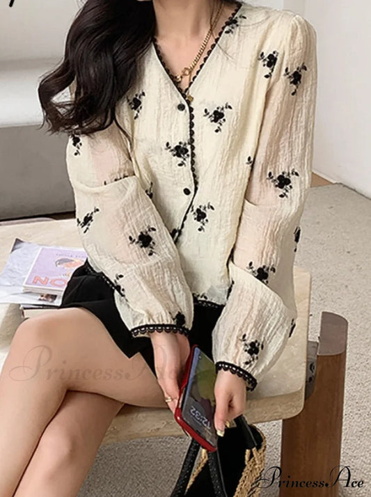 Women’s Button Blouse Up 2024 V Spring Neck Long Arm Patterned Casual Top