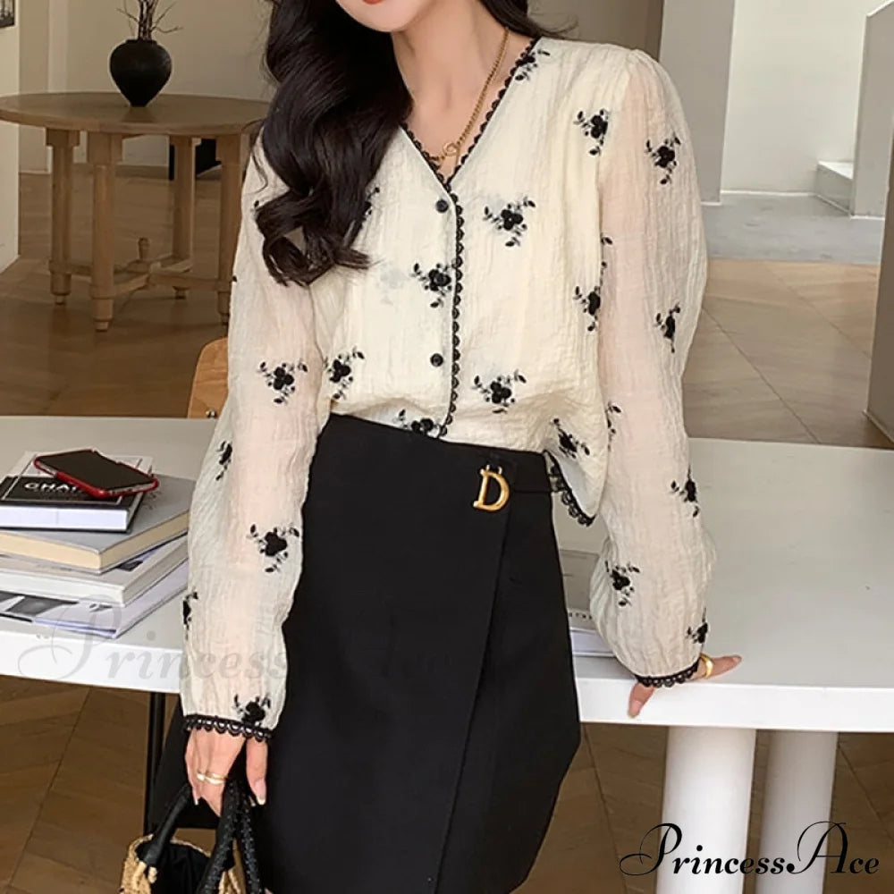 Women’s Button Blouse Up 2024 V Spring Neck Long Arm Patterned Casual Top Mixed Color / S