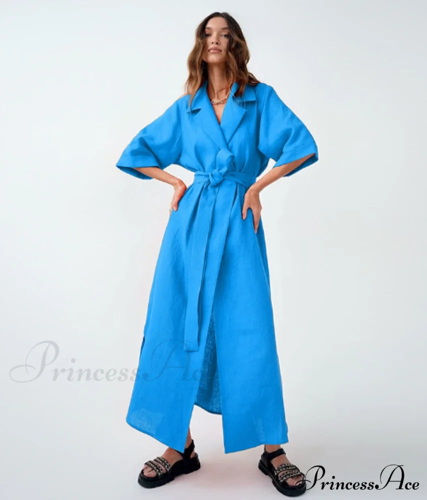 Women’s Casual Loose Half Sleeve Cotton Linen Office Blazers Dress L / Blue Dresses