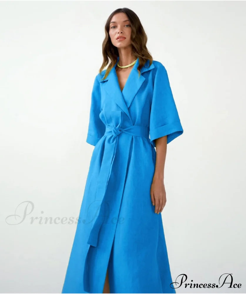 Women’s Casual Loose Half Sleeve Cotton Linen Office Blazers Dress M / Blue Dresses
