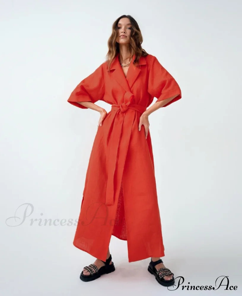 Women’s Casual Loose Half Sleeve Cotton Linen Office Blazers Dress S / Red Dresses