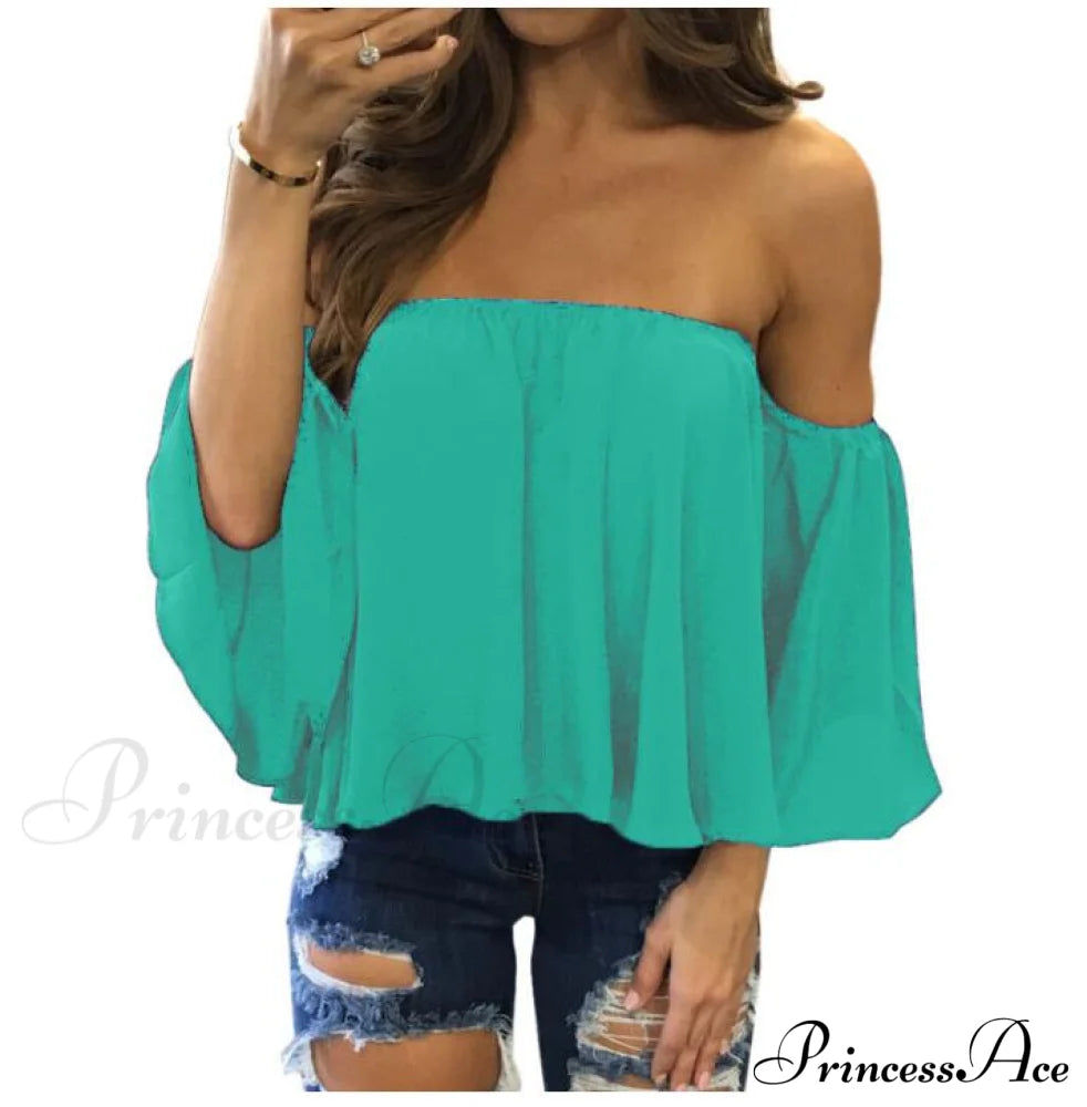 Women’s Chiffon Off Shoulder - Warm-Season Top Coastal Strapless T-Shirt 5Xl Peacock Blue / Xs
