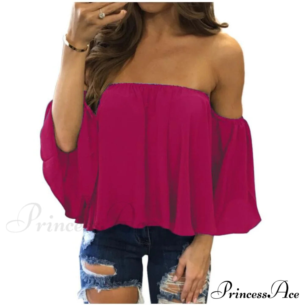 Women’s Chiffon Off Shoulder - Warm-Season Top Coastal Strapless T-Shirt 5Xl Rose Red / Xs