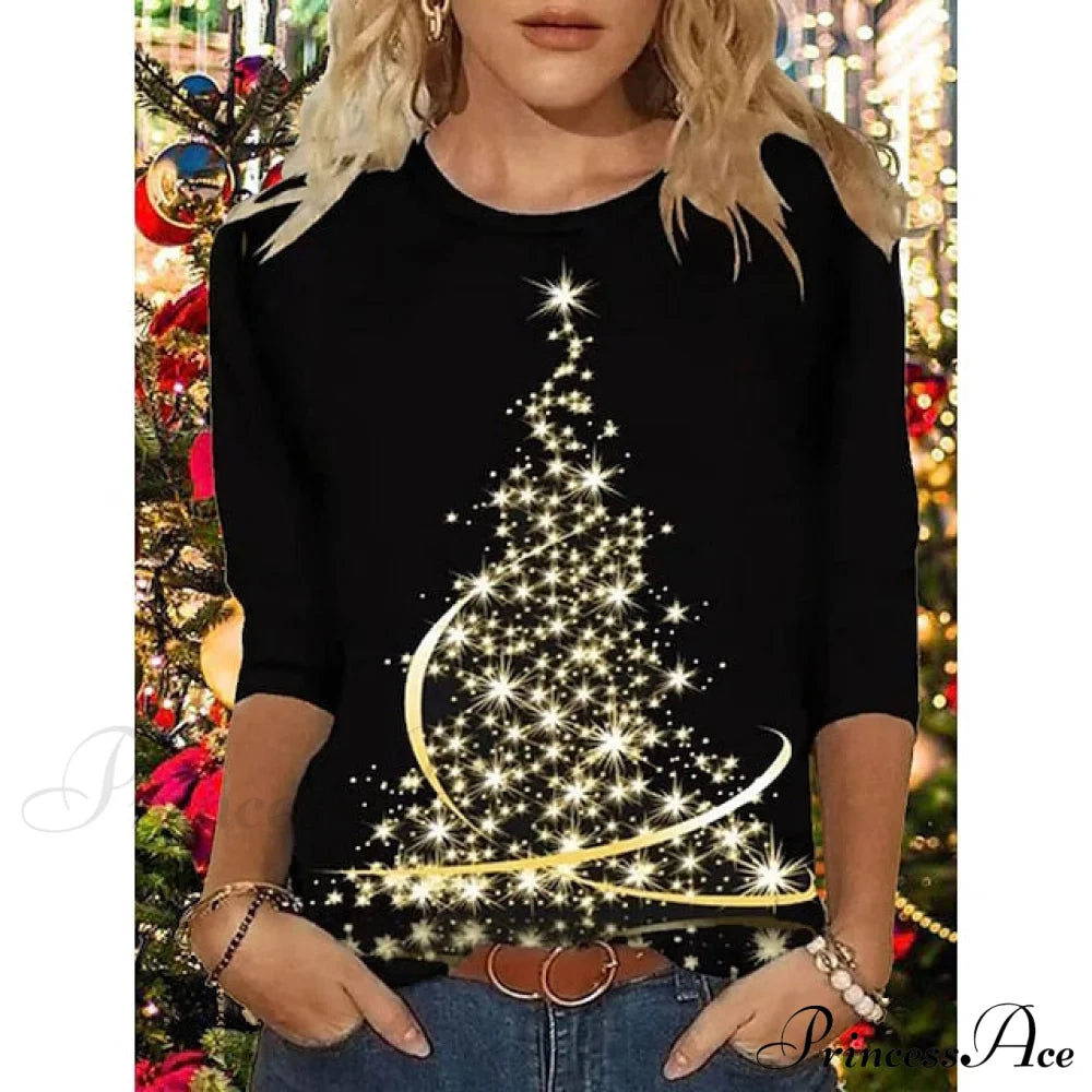 Women’s Design Neck Round Festive Long Red Flowered Peacock Green Arm Tree Christmas Casual Blue