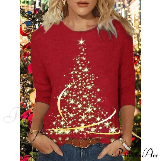 Women’s Design Neck Round Festive Long Red Flowered Peacock Green Arm Tree Christmas Casual Blue