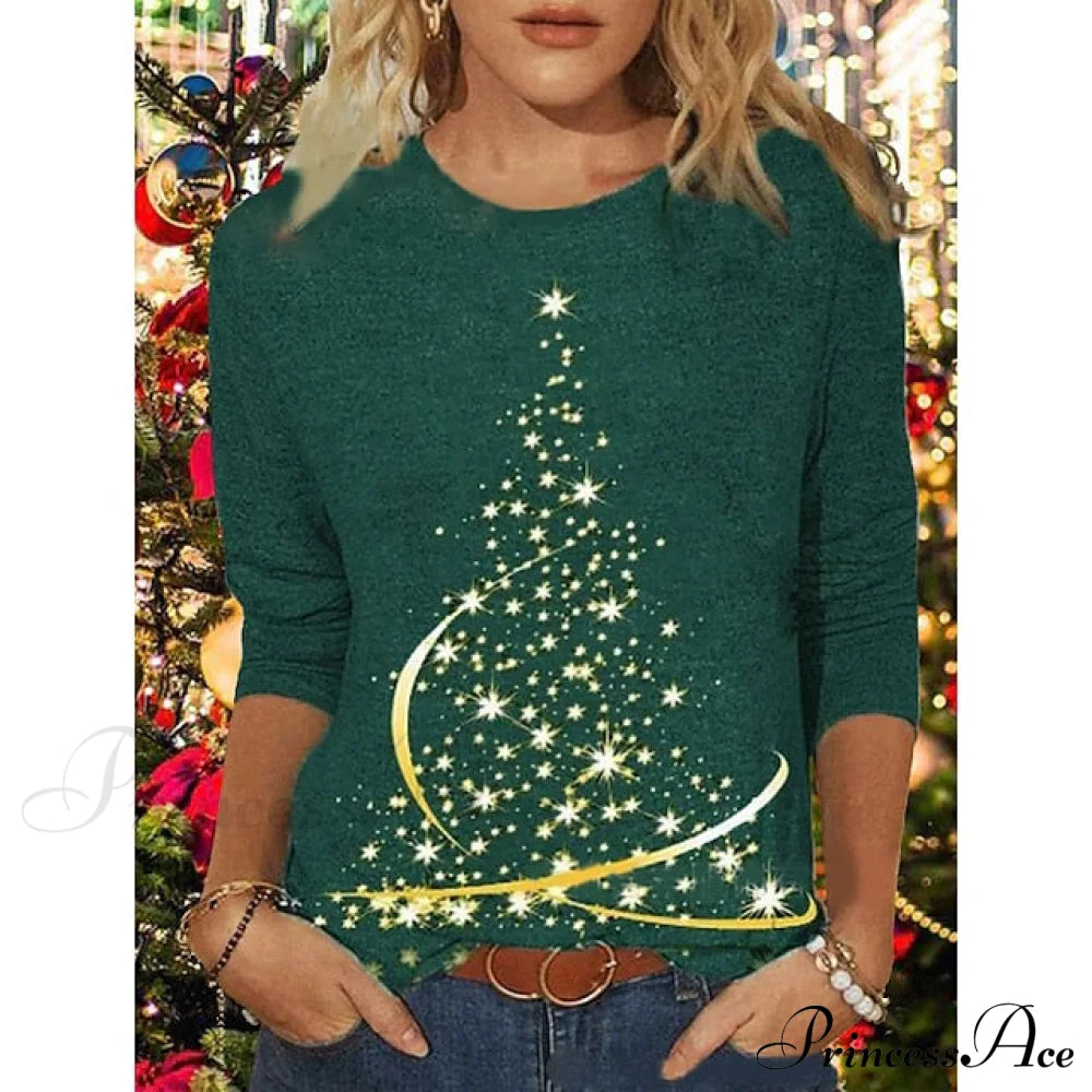 Women’s Design Neck Round Festive Long Red Flowered Peacock Green Arm Tree Christmas Casual Blue