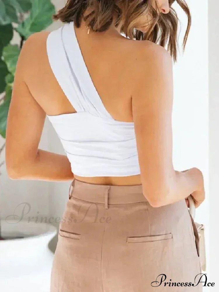 Women’s Fashion Pleated Asymmetric Linen Cropped Vintage One Shoulder Side Zipper Women Camisole