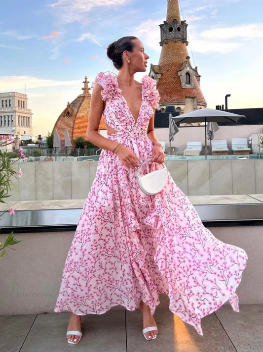 Women’s Holiday Party Dresses Sexy V Neck Backless Floral Ruffle Christmas Dress Dresses-L