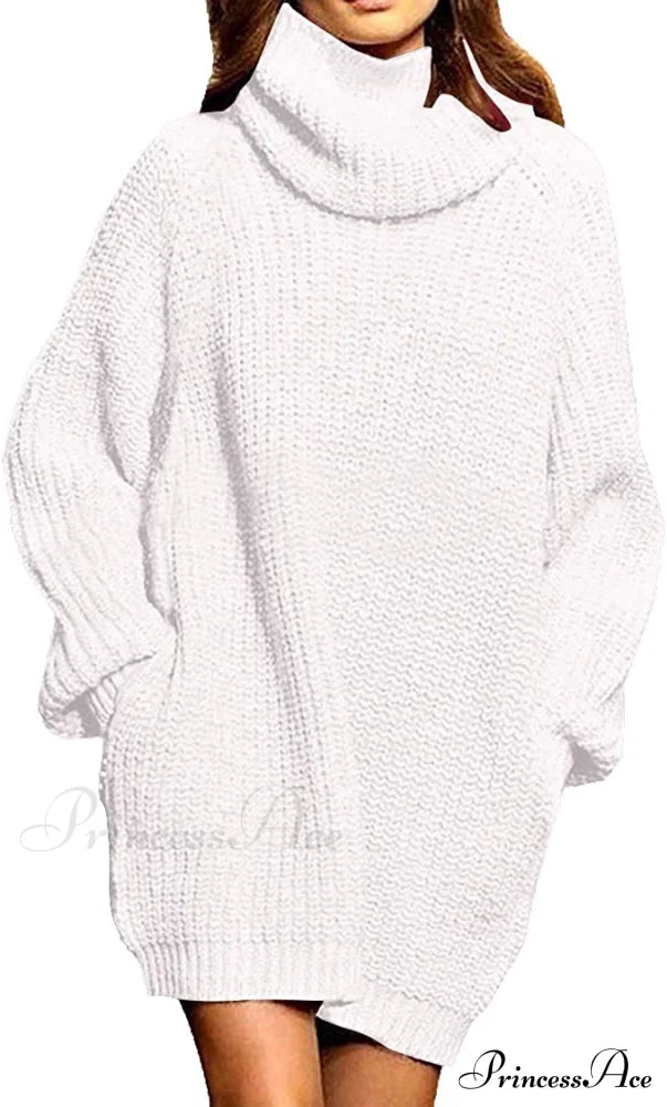 Women’s Loose Turtleneck Oversize Long Pullover Sweater Dress White / Small Sweaters-L