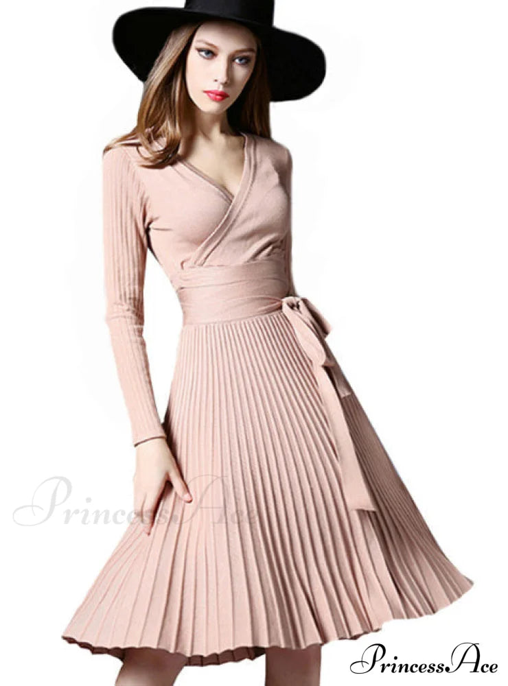 Women’s Office Dress With Decorative Sash And V-Neck In Solid Color Party Dresses-L
