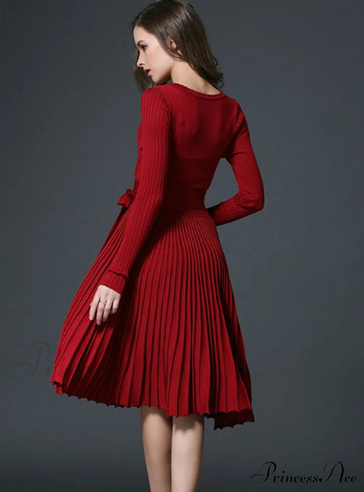 Women’s Office Dress With Decorative Sash And V-Neck In Solid Color Party Dresses-L