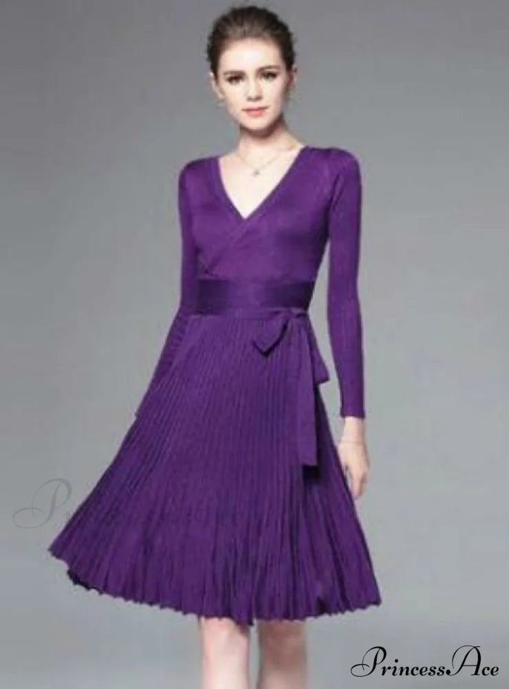 Women’s Office Dress With Decorative Sash And V-Neck In Solid Color Party Dresses-L