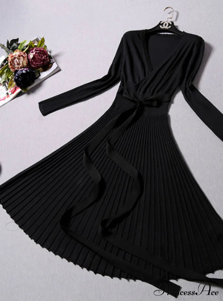 Women’s Office Dress With Decorative Sash And V-Neck In Solid Color Party Dresses-L