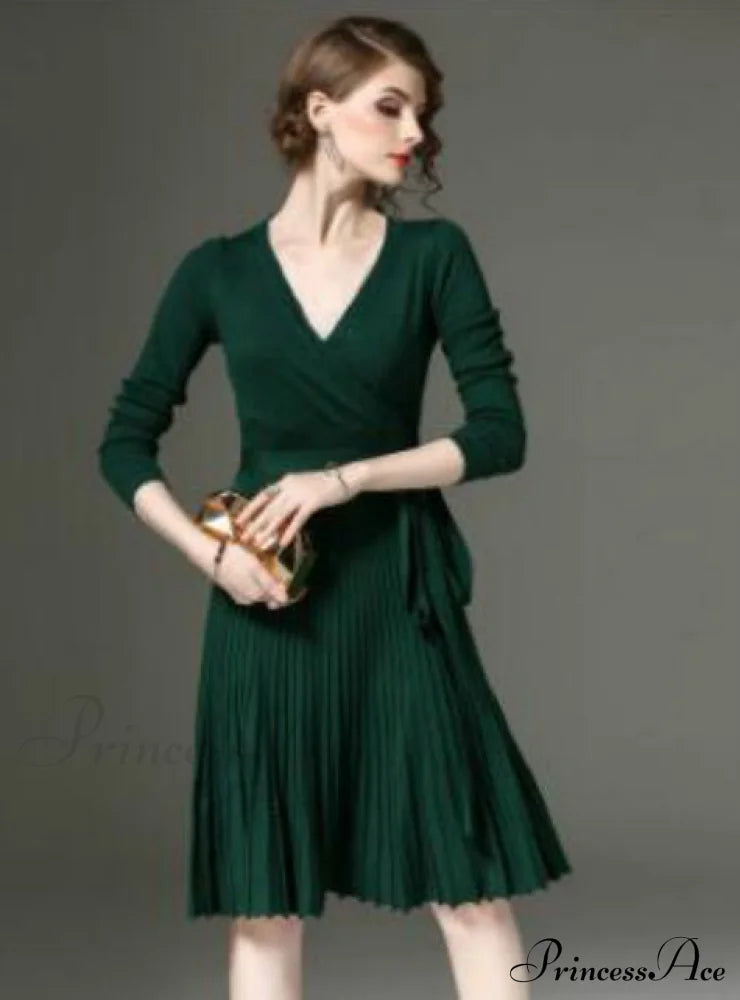 Women’s Office Dress With Decorative Sash And V-Neck In Solid Color Party Dresses-L