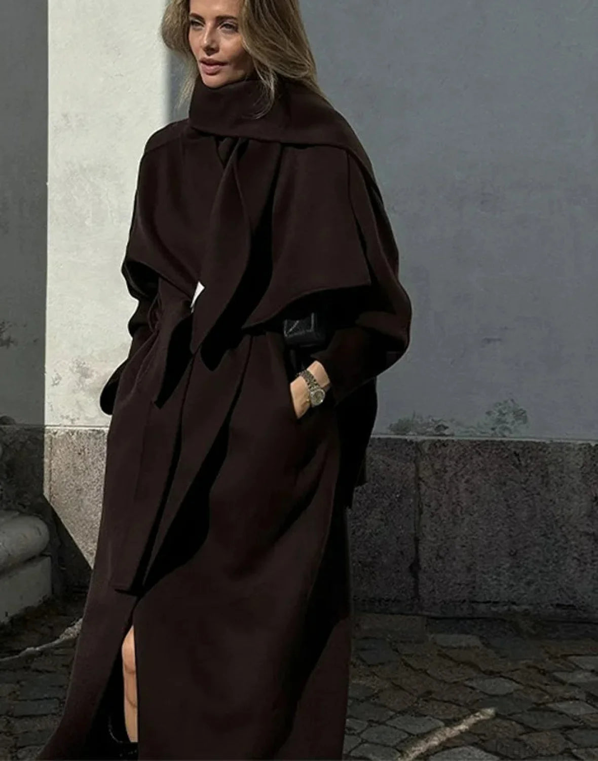 Women’s Scarf Collar Woolen Belted Overcoat Coffee color / S