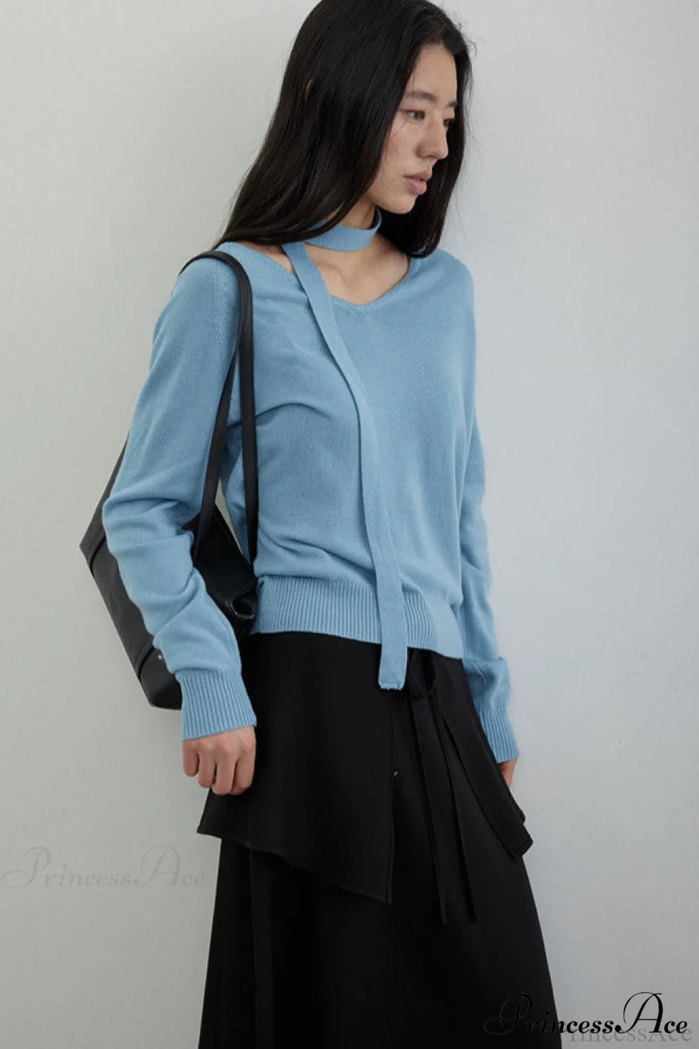 Wool V-Neck Oversized Long-Sleeve Knit Top