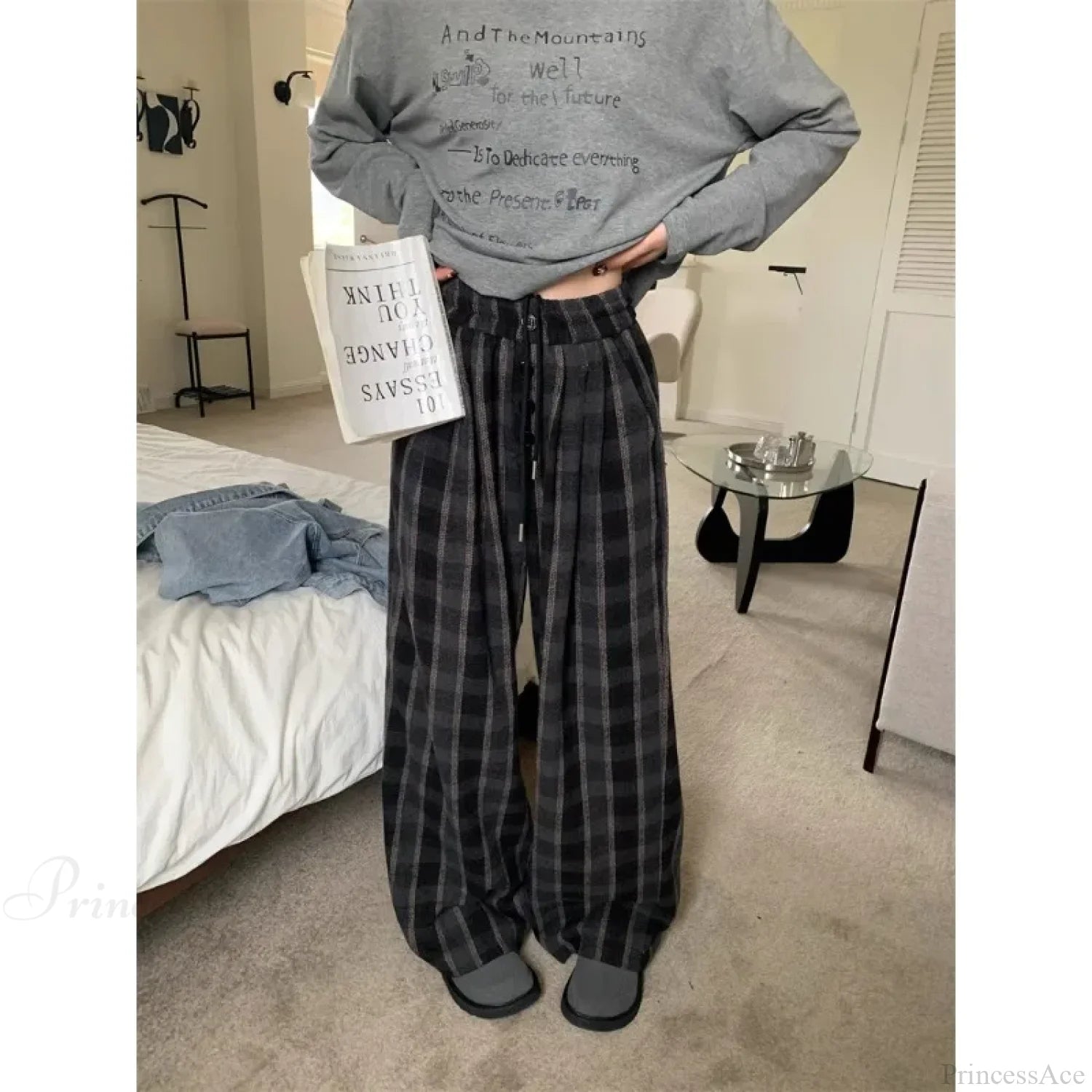 Woolen Plaid Vintage Winter Pants black / S