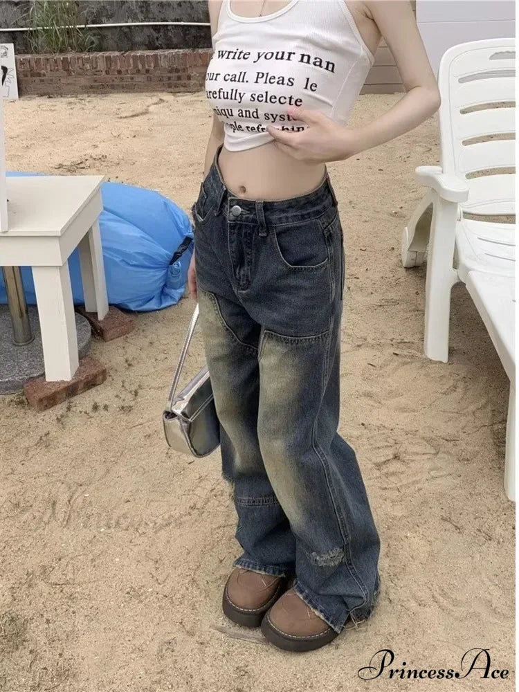 Worn-Out Hole Vintage Straight Summer Loose Fitting Wide-Leg Floor Length Jean