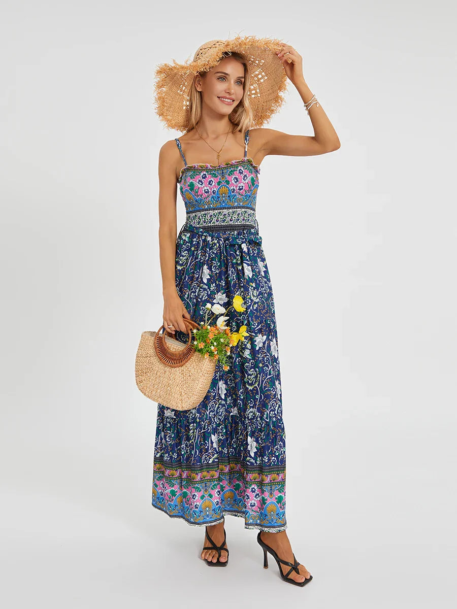 Boho Retro Floral Swing Spaghetti Straps Belted Long Floral Dress floraldress-250126