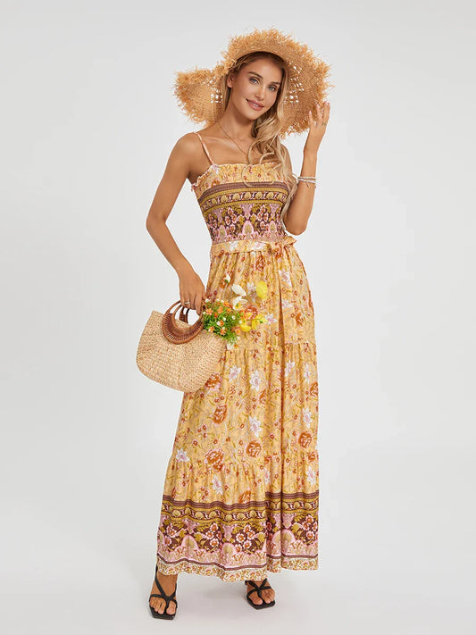 Boho Retro Floral Swing Spaghetti Straps Belted Long Floral Dress floraldress-250126