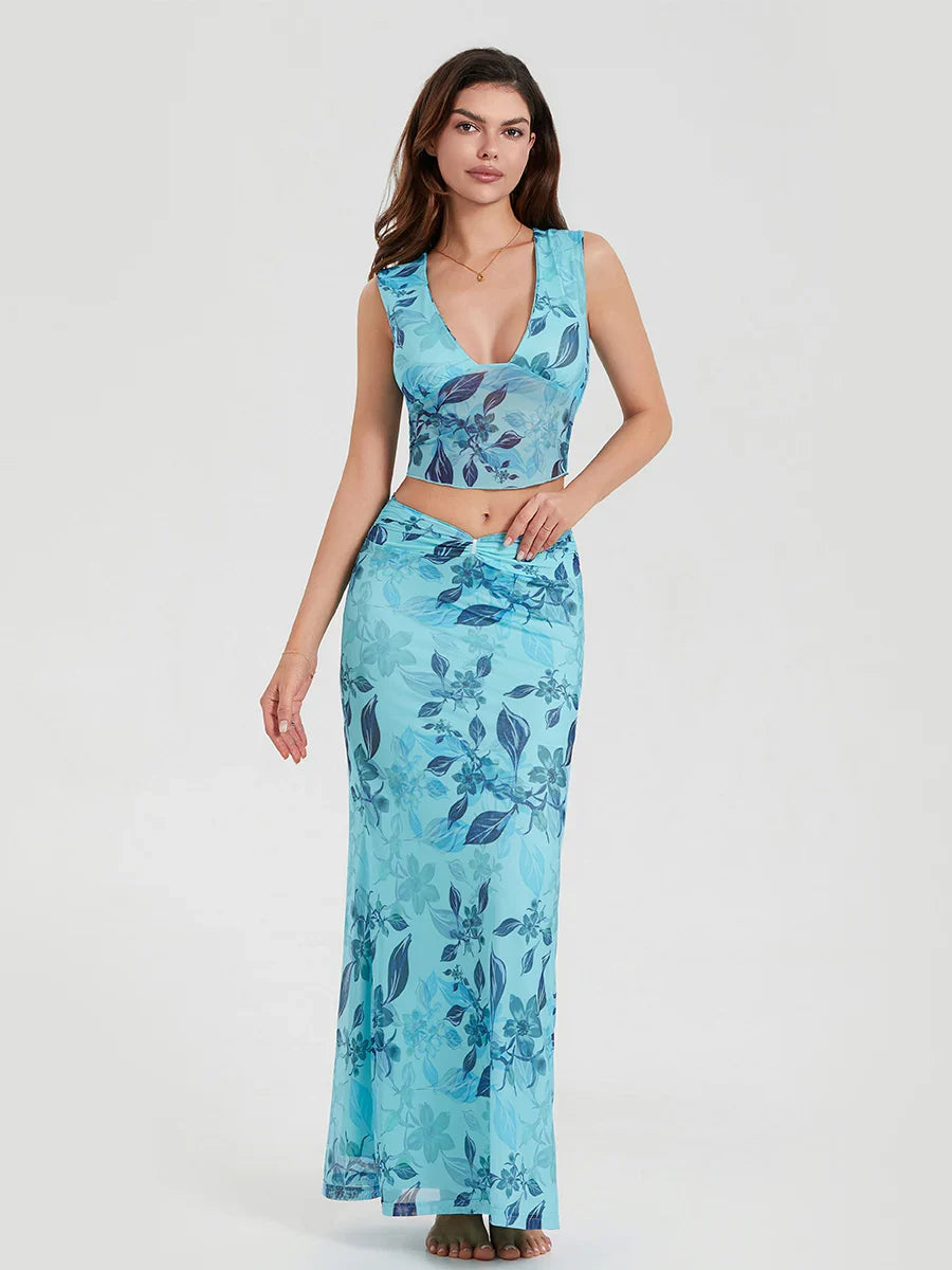 Boho Blue Floral Back Bandage Crop Tank Wrap Long Floral Dress floraldress-250126