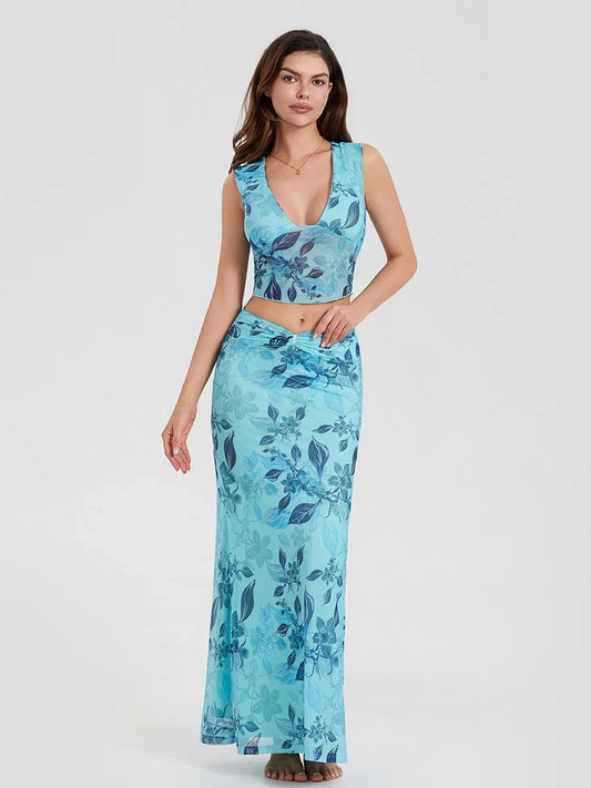 Boho Blue Floral Back Bandage Crop Tank Wrap Long Floral Dress floraldress-250126