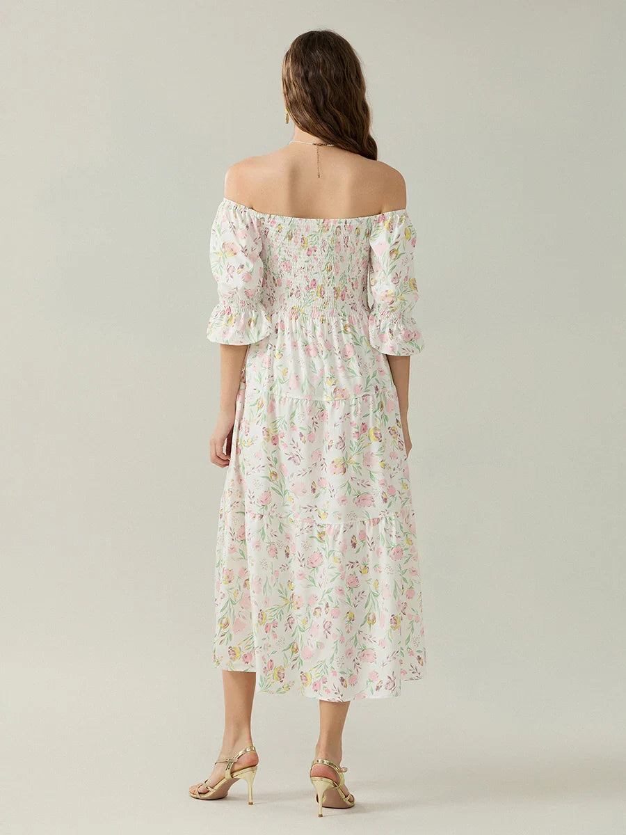 Elegant Off-Shoulder Party Half Sleeve Square Neck A-line Floral Dress floraldress-250126
