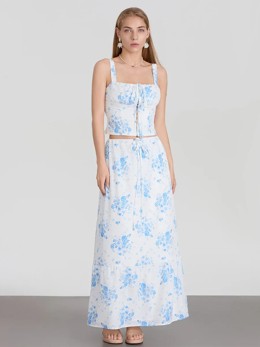Suspender Crop Tank Top Drawstring A-line Skirt Floral Dress floraldress-250126