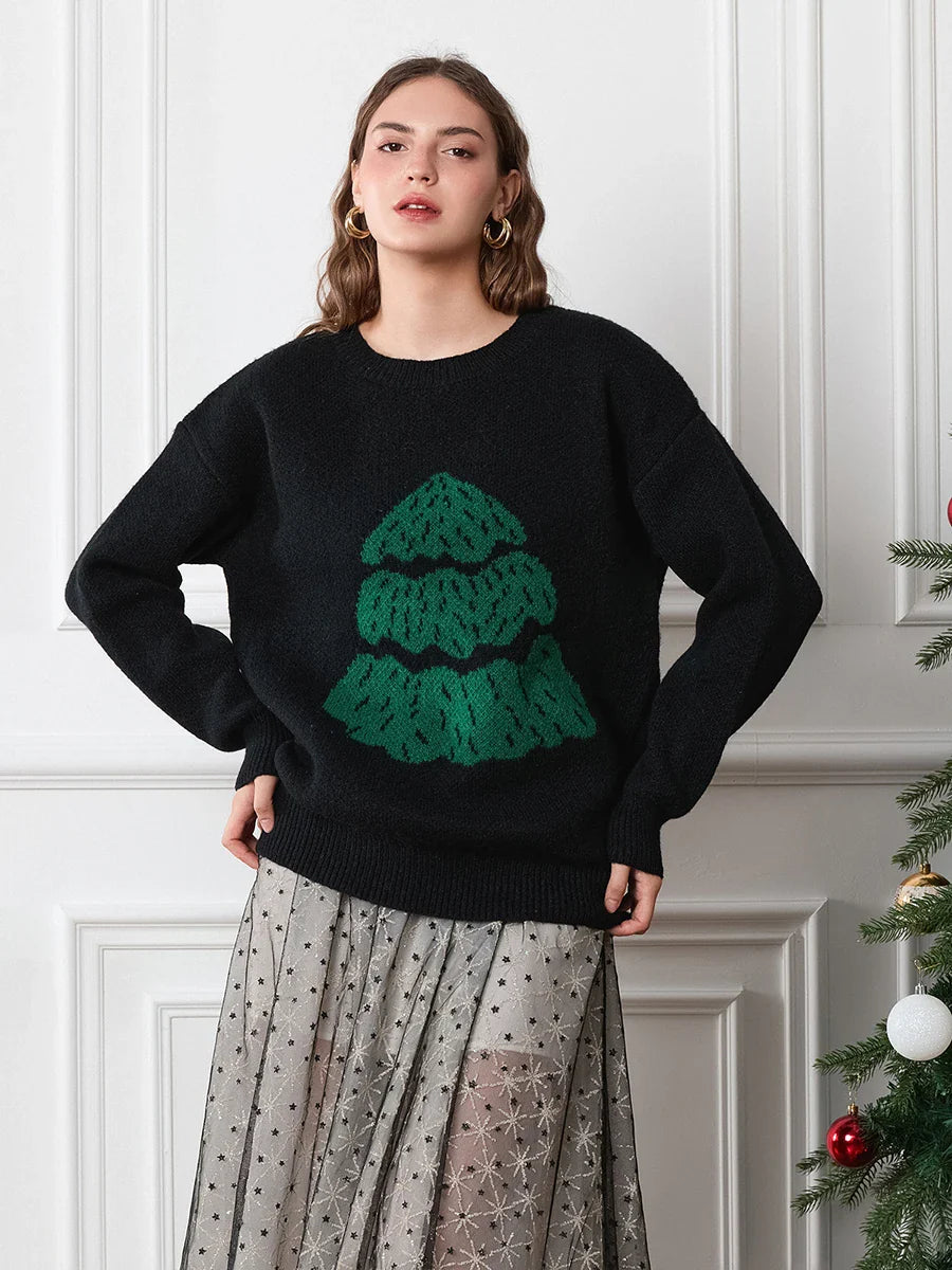 Drop Shoulder Long Sleeve Round Neck Christmas Tree Warm Sweater Sweaters-L