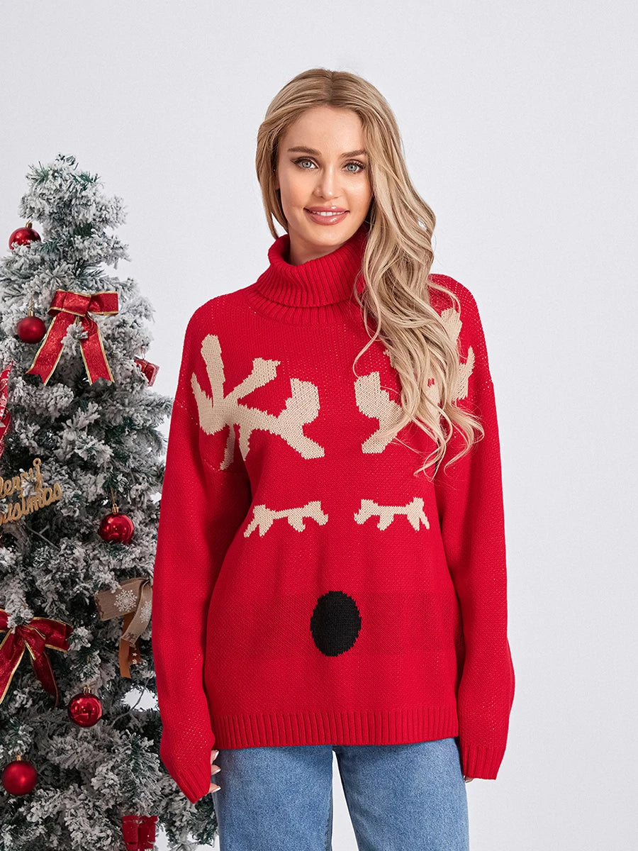 Elk Print Red Casual Long Sleeve Turtleneck Warm Christmas Sweater Sweaters-L