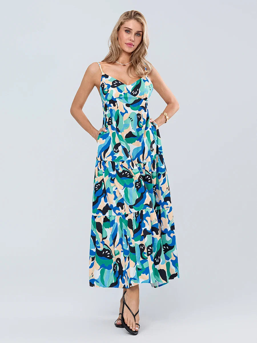Fashion Print Spaghetti Strap Backless Sweetheart Flowy Cami Floral Dress floraldress-250126