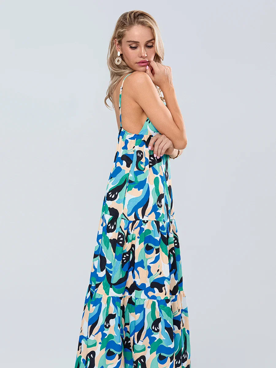 Fashion Print Spaghetti Strap Backless Sweetheart Flowy Cami Floral Dress floraldress-250126