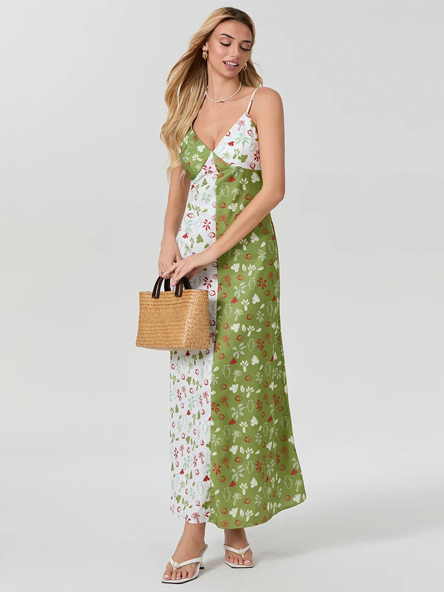Contrast Color V-neck Spaghetti Strap Slip Floral Dress floraldress-250126
